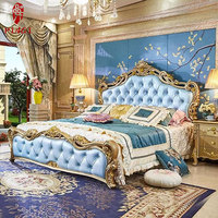 Lit en bois massif sculpté de style européen, mobilier de chambre à coucher principale, mobilier de chambre à coucher royal français en cuir couleur champagne