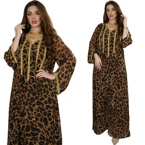 European and American fried street leopard print spring brown hot diamond women's long Middle Eastern fashion Arab-Muslim dress