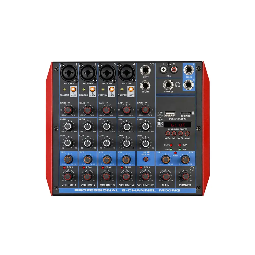 Fábrica Best Selling 6 Channel Audio Mixer Sound Board Console Interface do Sistema Digital USB Mini Mixer
