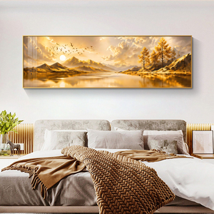 Grande Décoration Murale Paysage Montagne Lagon au Lever du Soleil Doré, Peinture sur Porcelaine Cristalline, Cadre en Alliage d'Aluminium, Art Mural pour Maison et Hôtel - Product Image 5