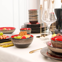 Service de table en grès de luxe rouge de 48 pièces, réutilisable et compatible four, vente en gros, bols, assiettes et plats en céramique pour l'Indépendance