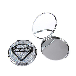 Miroir de poche compact rond en métal chromé argenté avec strass acryliques brillants, motif grand diamant, double face, verre HD - Product Image 1