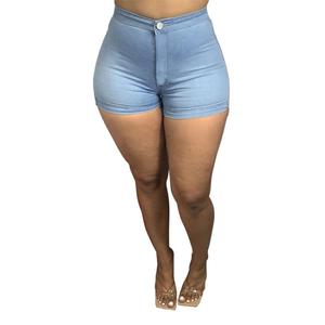 Shorts Mini Ajustados Azul Claro para Mujer, Casuales, Lavados, Transpirables, Elásticos, Tipo Bermuda, Cintura Baja, Cierre de Botones - Product Image 1