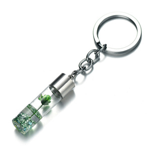 Wholesale Real Dry Flower Glass Keychain Mini Stainless Steel Wishing Bottle Charms for DIY Crafts Valentine's Day Birthday Gift