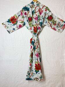 Bata Kimono de Algodón Estampada a Mano: Chaqueta Ligera Azul Estilo Boho para Invierno con Cinturón, Venta al por Mayor - Product Image 4