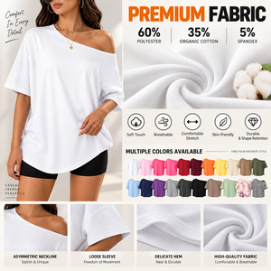 Custom Logo Women Oversized off Shoulder Casual Breathable T <b>Shirt</b> Organic Cotton Blend Loose Fit Asymmetric Wholesale - Product Image 3