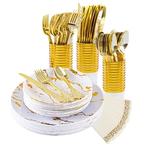 175Pcs 10.2 & 7.25Inch Marbelization Nhựa Đảng Tấm Set Đồ Ăn Với Nĩa Muỗng Dao - Product Image 1