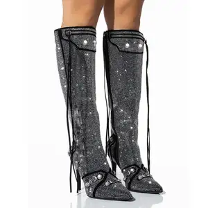 2024 брендовые дизайнерские женские ботильоны до колена на шпильке с заостренным носком Роскошные зимние серебристые со стразами