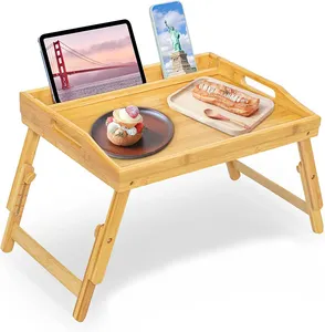 Bandeja de bambú para desayuno con soporte para tableta y teléfono, bandeja para servir de altura ajustable, escritorio para ordenador portátil en cama, venta al por mayor