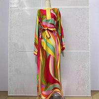 Robe longue ample en coton et polyester pour femme, style rétro, imprimé géométrique, taille lacée, ourlet droit, jupe fendue, collection transfrontalière 2026