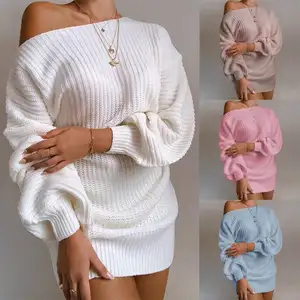 Nueva llegada otoño 2024 ropa de mujer manga larga color sólido fuera del hombro Vestido de punto mini Vestidos Mujer dama elegante