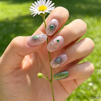 Ongles Press-On Verts Courts Forme Amande Motif Cœur Brillant Amovibles Réutilisables Embouts d'Ongles Artistiques 24 Pièces Matériau ABS Colle Certifiée Sûre