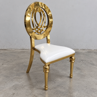 Chaise de banquet ovale en acier inoxydable doré avec dossier sculpté et assise en cuir PU