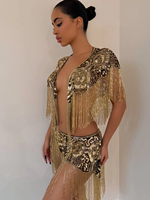 Ensemble 2 pièces short et haut LM D269 pour femme, en dentelle et maille, avec boutons, col en V profond, orné de strass de luxe et de franges lourdes perlées, idéal pour les soirées formelles.
