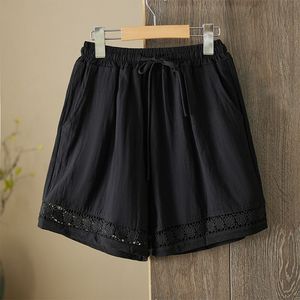 Women's Cotton Linen Shorts Elastic Waist Lace Trim Casual Summer Wide Leg Pants Breathable Khaki Hemp Black Coffee Yellow - Product Image 2