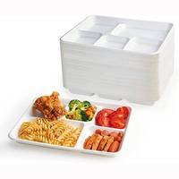 Plateau rectangulaire jetable en bagasse de canne à sucre biodégradable robuste à 5 compartiments pour la restauration rapide et les fêtes - Vente en gros