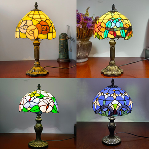 8" Rose Design Resin Base Stained Glass Hand-Crafted European Style Antique Table <b>Lamp</b> for Living Room <b>Bed</b> Room Study Room Decor - Product Image 1