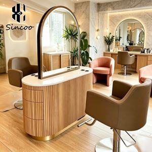 Estación de Espejo Doble de Diseño Personalizado para Barbería de Lujo, Estación de Espejo LED Curvo Ovalado con Mesa para Salón de Belleza - Product Image 1