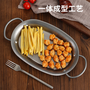Oval Serving Tray Stainless Steel With Handles For Restaurant Western Food Baking Pan Hotel Use - Product Image 1