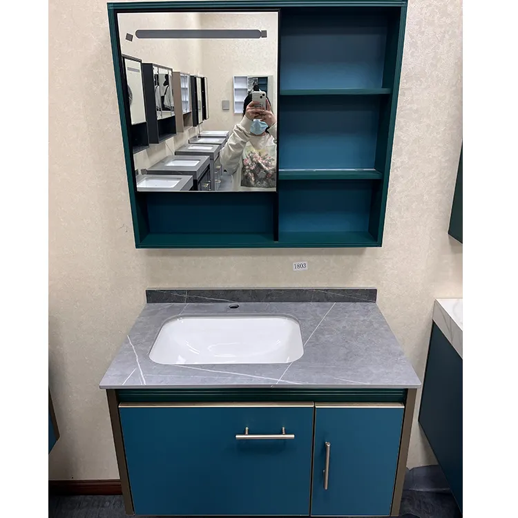 Chinese New Style Wall Mounted Blue Mirror Cabinet Set Aluminum Bathrooms Vanity Set With Ceramic Marble Single Sink