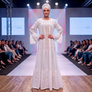 Vestido Dashiki Africano para Mujer, Blanco, de Algodón con Encaje, Bordado Chikankari de Lujo, Manga Larga, Estilo Kaftan Casual, Maxi, Modesto - Product Image 2
