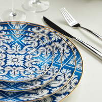 Service de vaisselle avec bordure bleue or, vaisselle en céramique d'assiettes en porcelaine, vente en gros,