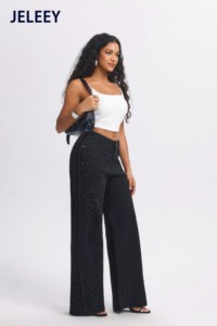 JELEEEY Pantaloni in denim da donna a vita alta e gamba larga con motivo a pois con paillettes, vestibilità ampia, lunghezza intera, jeans casual estivi - Product Image 4