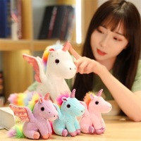 Boneka Unicorn Lucu Super Lembut Warna Pink Biru Putih dengan Sayap, Isi Kapas PP, Mainan Lembut untuk Anak Perempuan