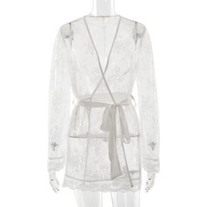 Lace See Through Dress With Tie Up <b>Cardigan</b> Long <b>Sleeves</b> Bodycon <b>Short</b> Skirt Women Sleepwear - Product Image 5