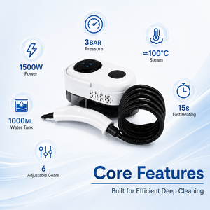 เครื่องทำความสะอาดไอน้ำแบบมือถือ 1500W 3 บาร์ ความจุ 1000 มล. เครื่องทำความสะอาดแบบพกพาแรงดันสูง พร้อม 6 ระดับปรับความร้อนได้ ร้อนเร็ว รับผลิตแบบ OEM ODM - Product Image 4