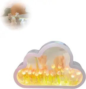 2 In 1 DIY Tulip Flower Light Tulip Mirror LED Cloud Shape Night Light Portable Bedroom Bedside Bed Lamp For Kids Gift