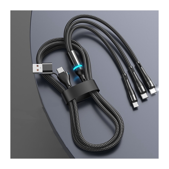 New Nylon Braided 100W 4 in 1 Fast Charging USB Data Cable with Light, 3 in 1 Type c Charging Cable for for Mobile Phone Cables