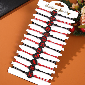 12 Zodiac Signs Stainless Steel Round <b>Bracelet</b> Red Black Waxed <b>Rope</b> Unisex Horror Theme Jewelry Spring 2024 Yiwu Origin - Product Image 2
