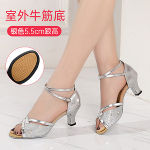 Shuo da donna 5.5cm e 3.5cm tacco alto glitterato bocca di pesce scarpe da ballo donna oro lucido <span class=keywords><strong>argento</strong></span> nero scarpe da ballo sandali - Product Image 2