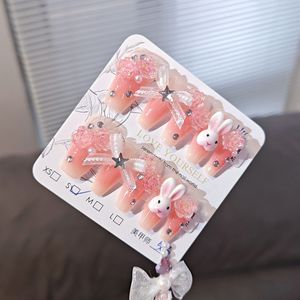 <span class=keywords><strong>Faux</strong></span> ongles réutilisables en acrylique avec breloques lapin 3D, rose rose et nœud, base rose ombrée, pour les amateurs de style <span class=keywords><strong>Kawaii</strong></span> et romantique - Product Image 3