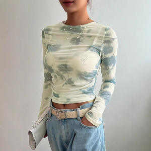 Blusa de Mujer con Estampado Floral de Malla, Cuello Redondo, Ajuste Ceñido, Translúcida, para Uso Diario, Poliéster/Algodón, Transpirable, Manga Ranglán, Casual - Product Image 3