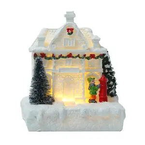 Décoration de maison de Noël en résine blanche personnalisée Résine de Noël Maison de village blanche Lumières LED Décoration de table Cadeau souvenir