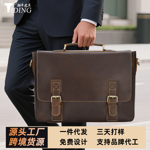 Tiding Genuine <b>Leather</b> Men's <b>Briefcase</b> Large Business Shoulder Bag Crazy Horse <b>Leather</b> Solid Color Brown - Product Image 4