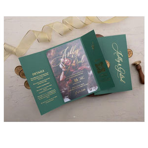 Faire-part de mariage en acrylique vert émeraude, <span class=keywords><strong>carte</strong></span> <span class=keywords><strong>d</strong></span>'invitation de mariage en acrylique imprimée en feuille <span class=keywords><strong>d</strong></span>'or pliée - Product Image 1