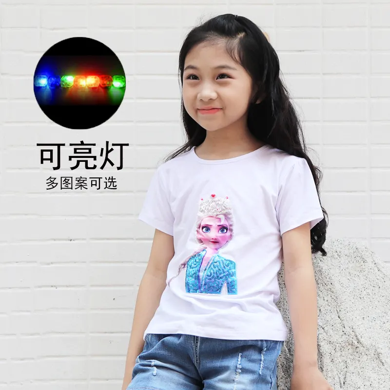 2023New Girls Cotton T-shirt LED Light up Children's Short Sleeve Elsa Anna Baby kids clothing Tops Anime Clothes Fashion