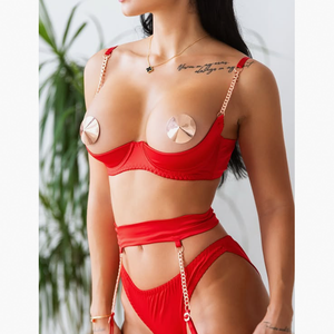 Conjunto de Lencería Sexy de 4 Piezas con Sujetador Push-Up Transparente con Detalle de Cadena, Estilo Francés Elegante, Semi-Exhibidor, Color Rojo - Product Image 4