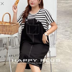 เดรสลายทางแบบแพทช์เวิร์ค รุ่น Runqi ทรงสองชิ้นปลอมแบบมีสายคล้องไหล่ ไซส์พลัส สีดำ คอกลม สำหรับผู้หญิง รุ่น N8737 - Product Image 3