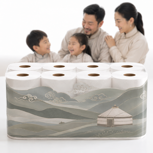 Papier toilette de luxe en vrac, doux, 3 plis, motif paysage nuageux traditionnel de yourtes de la steppe mongole - Product Image 1