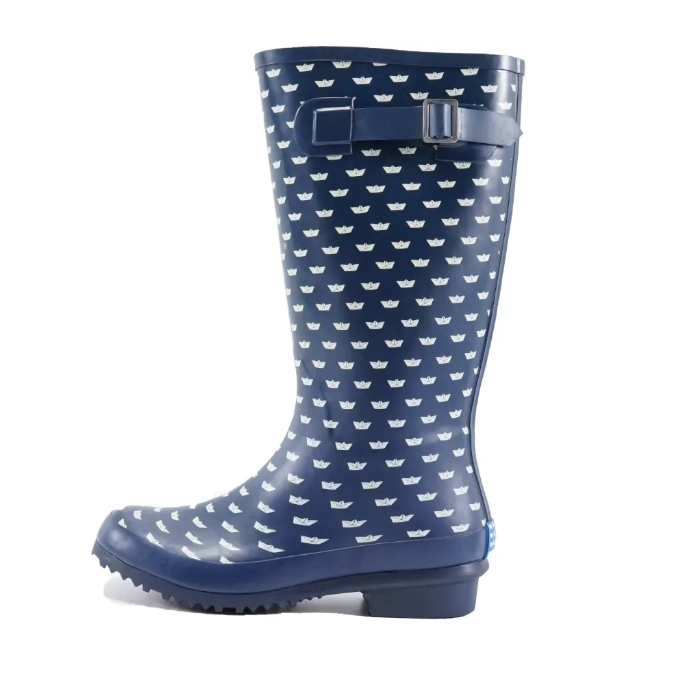 New Design Blue Small Paper Boat High Tube Woman Rain Boot Waterproof Shoes With Decorative Buckle