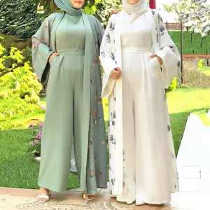 纯色连身衣和适中的Abaya花卉开衫伊斯兰服装2件套
