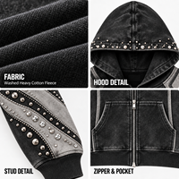 Sweat à capuche zippé personnalisé avec clous, en molleton de coton épais, avec panneaux en strass, pour homme, style streetwear