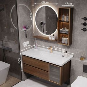 Mueble de Baño de Pared de MDF Lacado Marrón con Espejo Redondo Iluminado Inteligente y Gabinete de Almacenamiento Lateral para Uso Hospitalario - Product Image 2