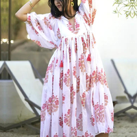 Robe Bohème Légère à Col en V et Taille Cintrée en Coton Indien Imprimé, Longueur Genou, Coupe Ample et Modeste, Personnalisable