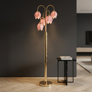 Lámpara de pie de 5 luces con forma de tulipán rosa, pétalos de cristal real y base dorada pulida - Product Image 5