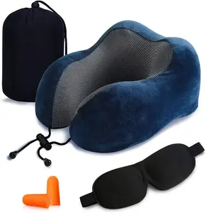 可机洗的纯记忆泡沫颈枕，配有舒适透气的飞机旅行套件 (蓝色)